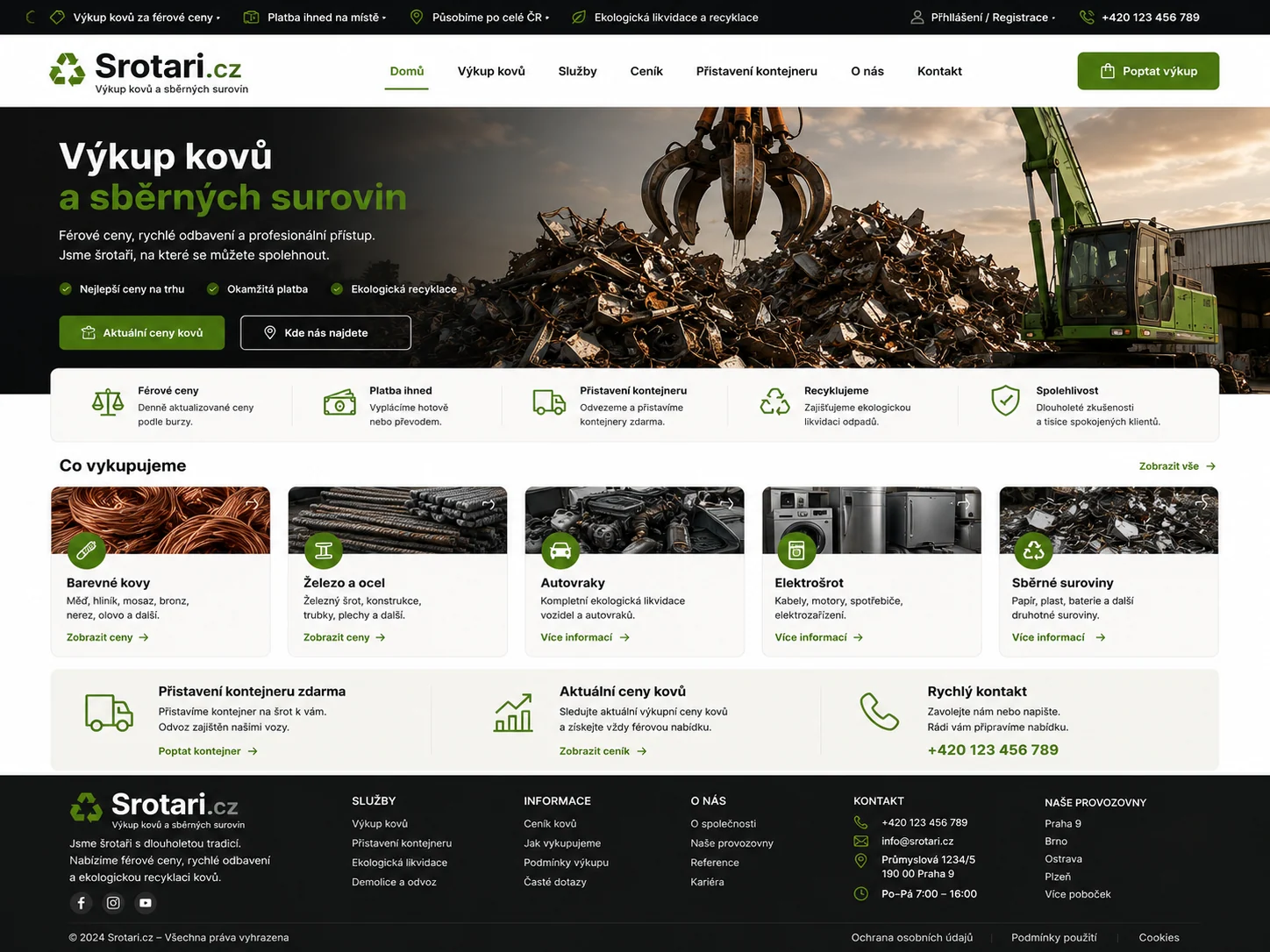 Ilustrační návrh webu Srotari.cz s výkupem kovů a zelenými akcenty